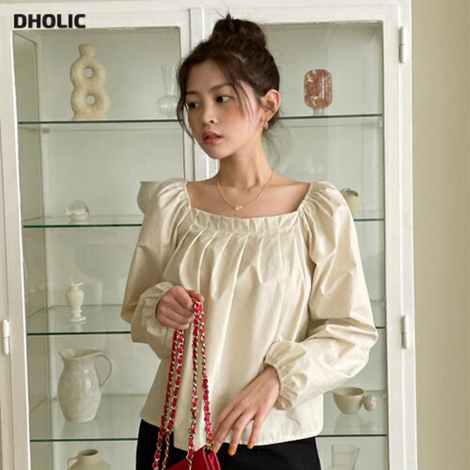 タックスクエアブラウス・全4色・t66892 レディース 【bl】韓国ファッション トップス ブラウス 長袖 スクエアネック タック パフスリーブ かわいい 可愛い 無地 シンプル デコルテ美人 カジュアル フェミニン 春 秋