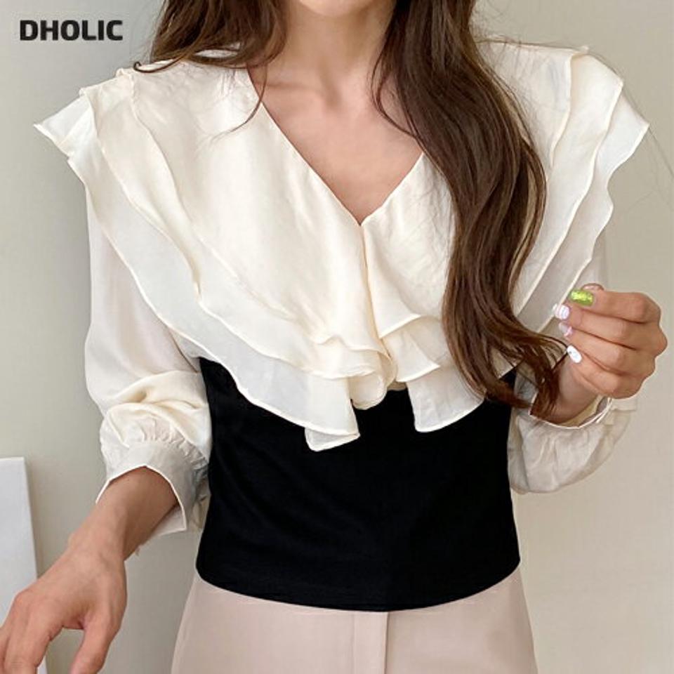 フリルコントラストブラウス・全2色・t66895 レディース 【bl】韓国ファッション トップス ブラウス 長袖 Vネック フリル コントラスト クロップド丈 ギャザー かわいい 可愛い シンプル カジュアル フェミニン 春 秋