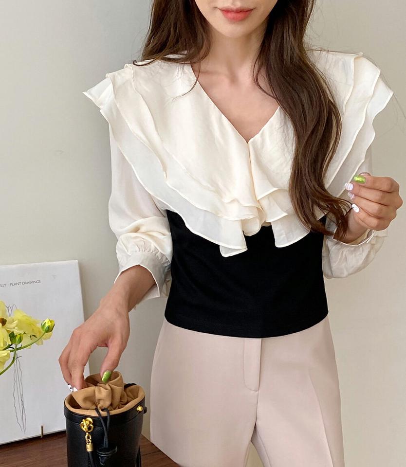 フリルコントラストブラウス・全2色・t66895 レディース 【bl】韓国ファッション トップス ブラウス 長袖 Vネック フリル コントラスト クロップド丈 ギャザー かわいい 可愛い シンプル カジュアル フェミニン 春 秋
