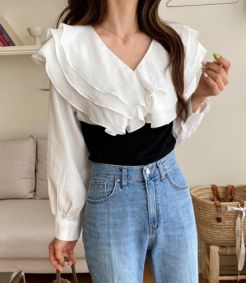フリルコントラストブラウス・全2色・t66895 レディース 【bl】韓国ファッション トップス ブラウス 長袖 Vネック フリル コントラスト クロップド丈 ギャザー かわいい 可愛い シンプル カジュアル フェミニン 春 秋
