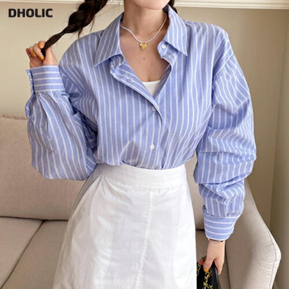 ダブルストライプルーズシャツ・全3色・t66896 レディース 【bl】韓国ファッション トップス シャツ 長袖 カラーネック カフスボタン ダブルストライプ アンバランス 配色 シンプル カジュアル フェミニン 春 秋