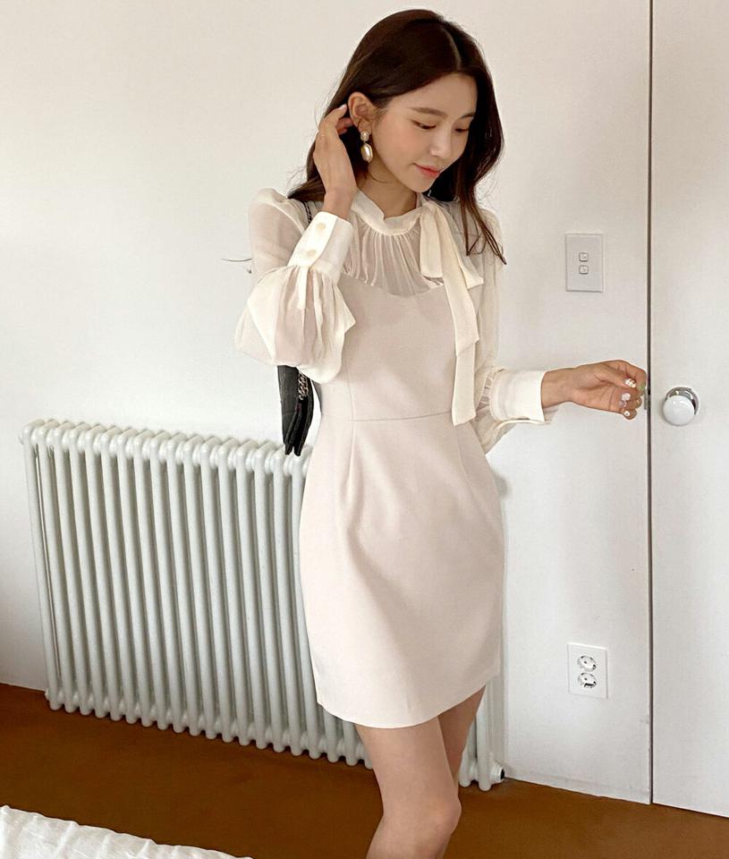 リボンコントラストミニワンピース・全3色・t66957 レディース 【ops】韓国ファッション ワンピース ミニ ミニワンピース 長袖 ハートネック ネックリボン コントラスト シアー ギャザー 結婚式 ミニ丈 無地 シンプル カジュアル 春 秋