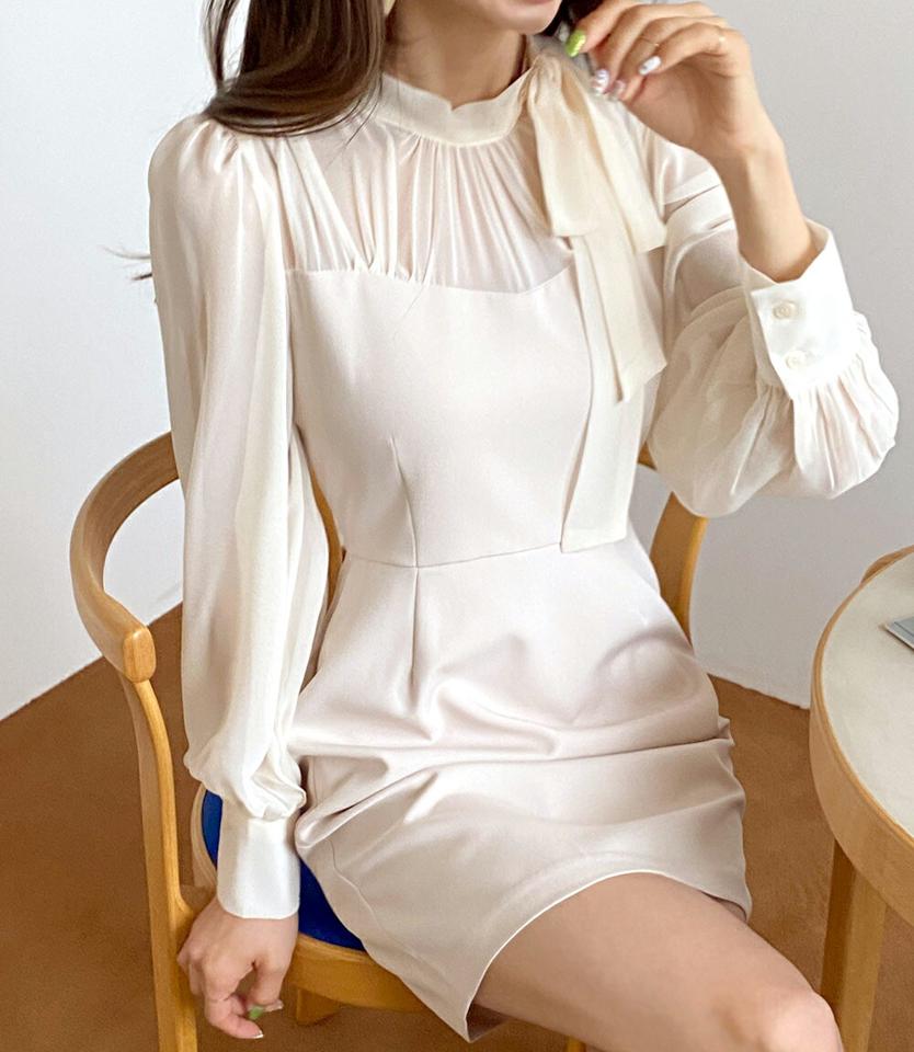 リボンコントラストミニワンピース・全3色・t66957 レディース 【ops】韓国ファッション ワンピース ミニ ミニワンピース 長袖 ハートネック ネックリボン コントラスト シアー ギャザー 結婚式 ミニ丈 無地 シンプル カジュアル 春 秋