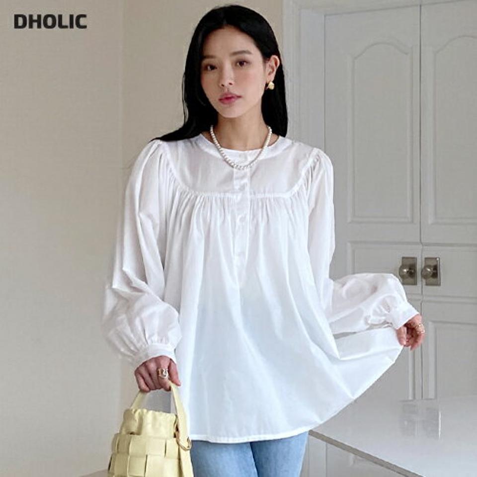 2WAYギャザーオーバーフィットブラウス・全3色・b00339 レディース 【bl】トップス ブラウス 長袖 ゆったり オーバーサイズ ギャザー 前後着用自由 パフ袖 パフスリーブ フェミニン 大人 白ブラウス 体型カバー 春 秋 韓国ファッション ハイホリHIHOLLI