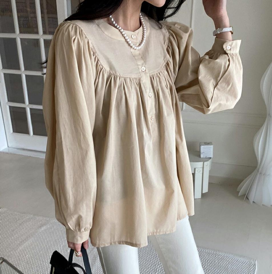 2WAYギャザーオーバーフィットブラウス・全3色・b00339 レディース 【bl】トップス ブラウス 長袖 ゆったり オーバーサイズ ギャザー 前後着用自由 パフ袖 パフスリーブ フェミニン 大人 白ブラウス 体型カバー 春 秋 韓国ファッション ハイホリHIHOLLI