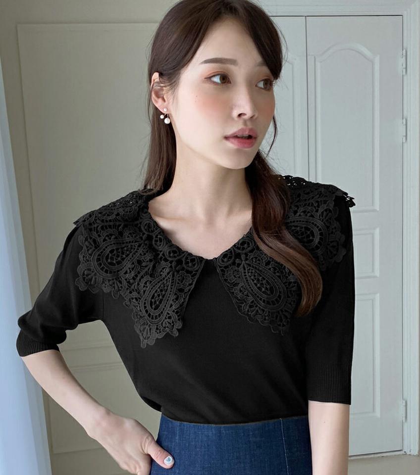 ≪人気商品再入荷≫レースカラー半袖ニット・全3色・b00329 レディース 【tops】トップス ニット 半袖 ハーフスリーブ レース 襟コン 大人 フェミニン かわいい 可愛い スカラップ 春 夏 秋 韓国ファッション ハイホリHIHOLLI