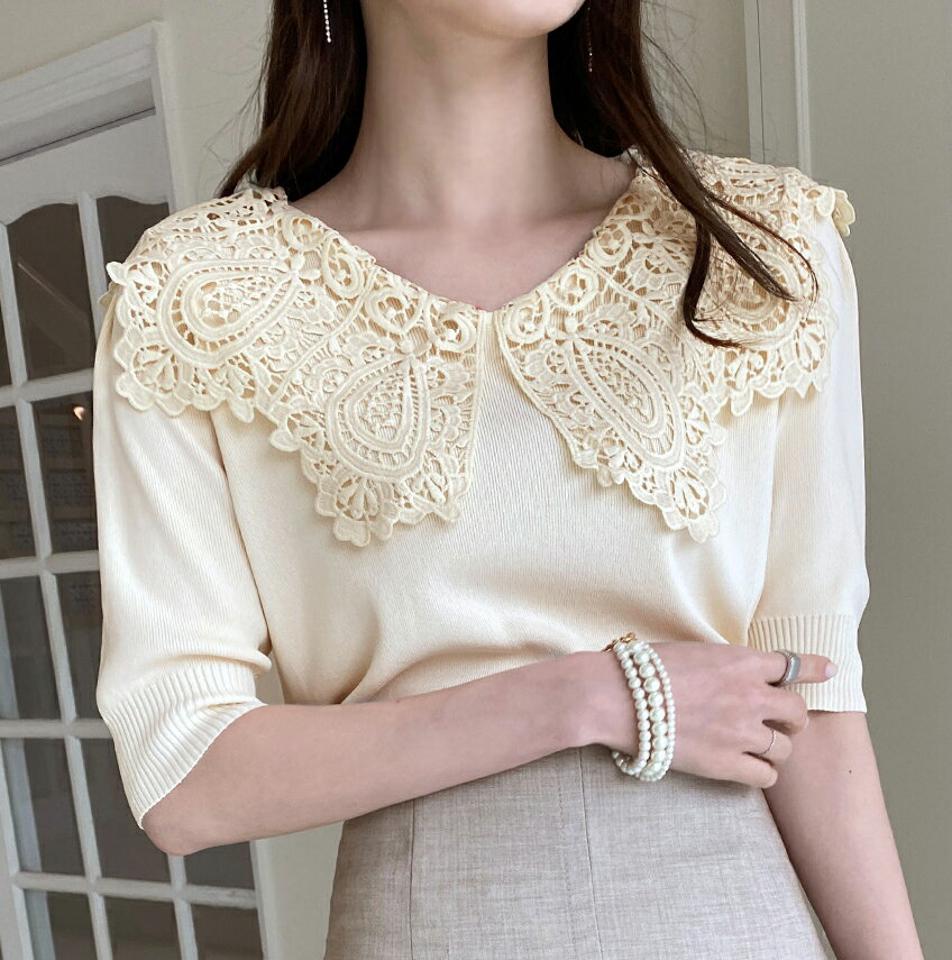 ≪人気商品再入荷≫レースカラー半袖ニット・全3色・b00329 レディース 【tops】トップス ニット 半袖 ハーフスリーブ レース 襟コン 大人 フェミニン かわいい 可愛い スカラップ 春 夏 秋 韓国ファッション ハイホリHIHOLLI