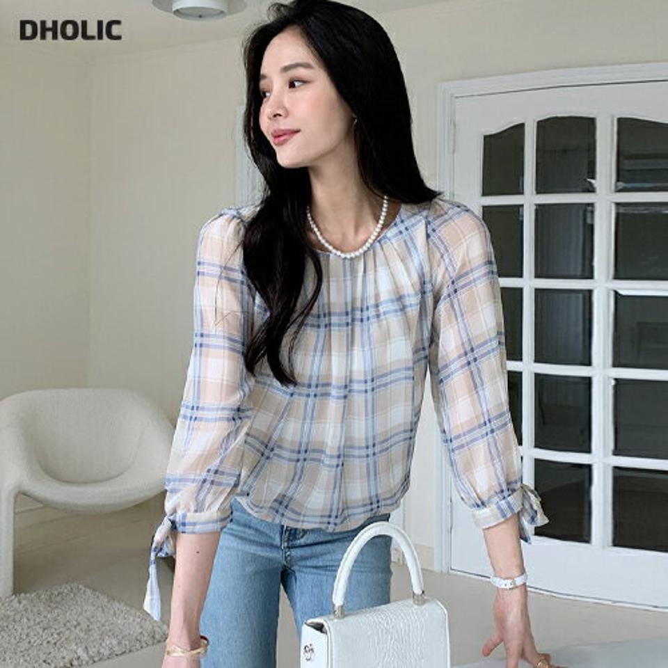 リボンスリーブチェックバルーンブラウス・全3色・t00330 レディース 【bl】トップス ブラウス 七分袖 七分丈 7分丈 7分袖 チェック柄 パステル りぼん 袖コン フェミニン 大人 かわいい 春 秋 韓国ファッション ハイホリHIHOLLI