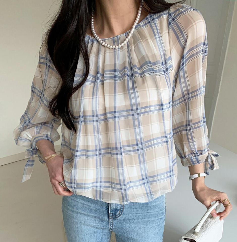 リボンスリーブチェックバルーンブラウス・全3色・t00330 レディース 【bl】トップス ブラウス 七分袖 七分丈 7分丈 7分袖 チェック柄 パステル りぼん 袖コン フェミニン 大人 かわいい 春 秋 韓国ファッション ハイホリHIHOLLI