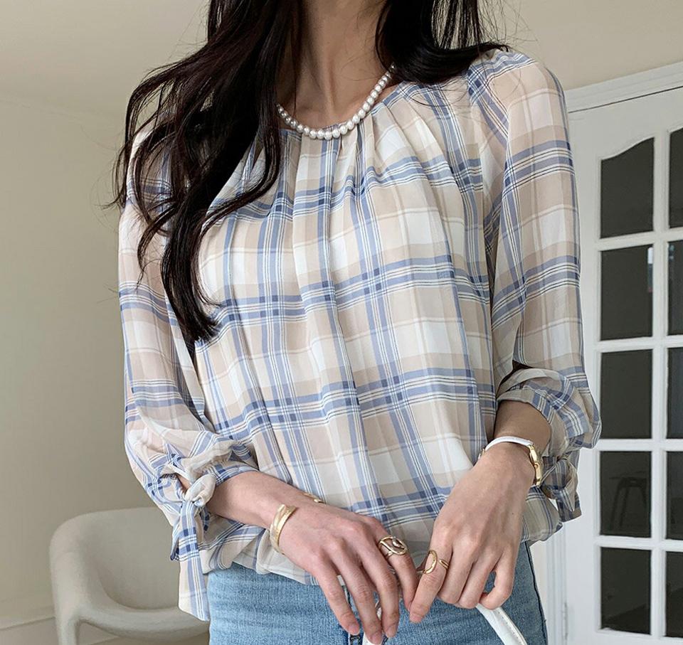 リボンスリーブチェックバルーンブラウス・全3色・t00330 レディース 【bl】トップス ブラウス 七分袖 七分丈 7分丈 7分袖 チェック柄 パステル りぼん 袖コン フェミニン 大人 かわいい 春 秋 韓国ファッション ハイホリHIHOLLI