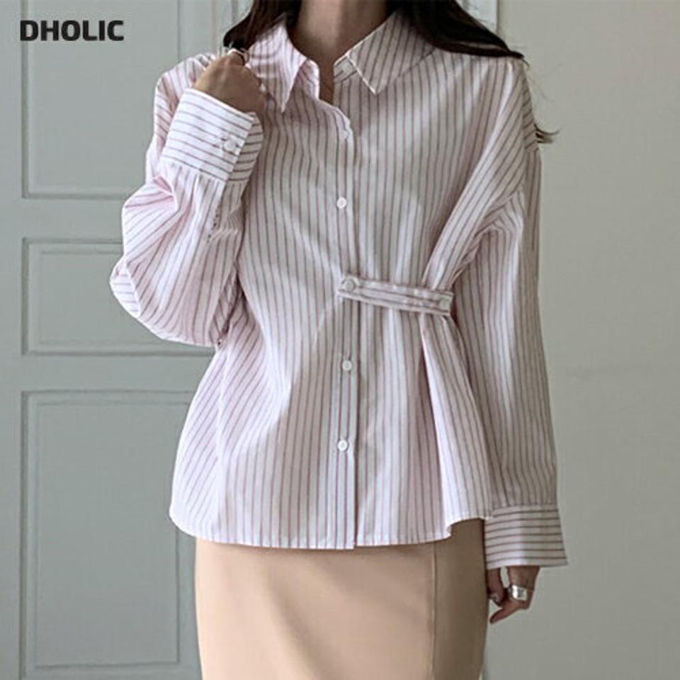 2WAYストラップ付ストライプシャツ・全3色・t00341 レディース 【bl】トップス シャツ 長袖 ストライプ柄 アンバランス 前後着用自由 ゆったり ユニーク カジュアル 春 秋 韓国ファッション ハイホリHIHOLLI