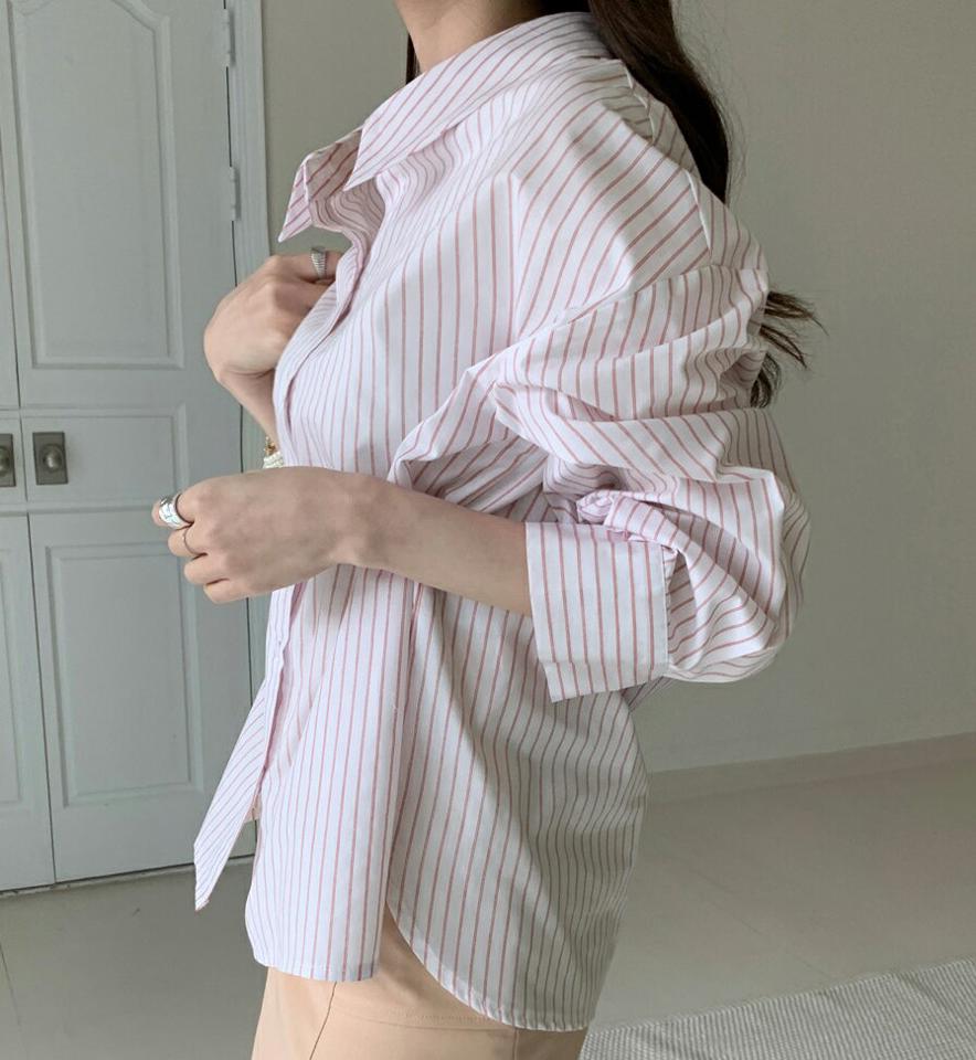 2WAYストラップ付ストライプシャツ・全3色・t00341 レディース 【bl】トップス シャツ 長袖 ストライプ柄 アンバランス 前後着用自由 ゆったり ユニーク カジュアル 春 秋 韓国ファッション ハイホリHIHOLLI