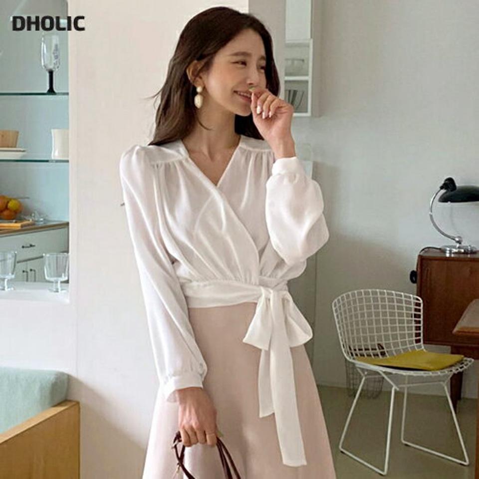 ラップクロップドリンクルブラウス・全4色・t66940 レディース 【bl】韓国ファッション トップス ブラウス 長袖 Vネック ラップ クロップド丈 リンクル ギャザー かわいい 可愛い 無地 シンプル カジュアル フェミニン デイリー 春 秋