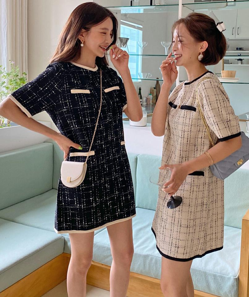 配色ラインツイードミニワンピース・全2色・b66944 レディース 【ops】韓国ファッション ワンピース ミニ ミニワンピース 長袖 ラウンドネック 配色 ツイード ストレート 可愛い かわいい ミニ丈 無地 シンプル カジュアル 春 秋