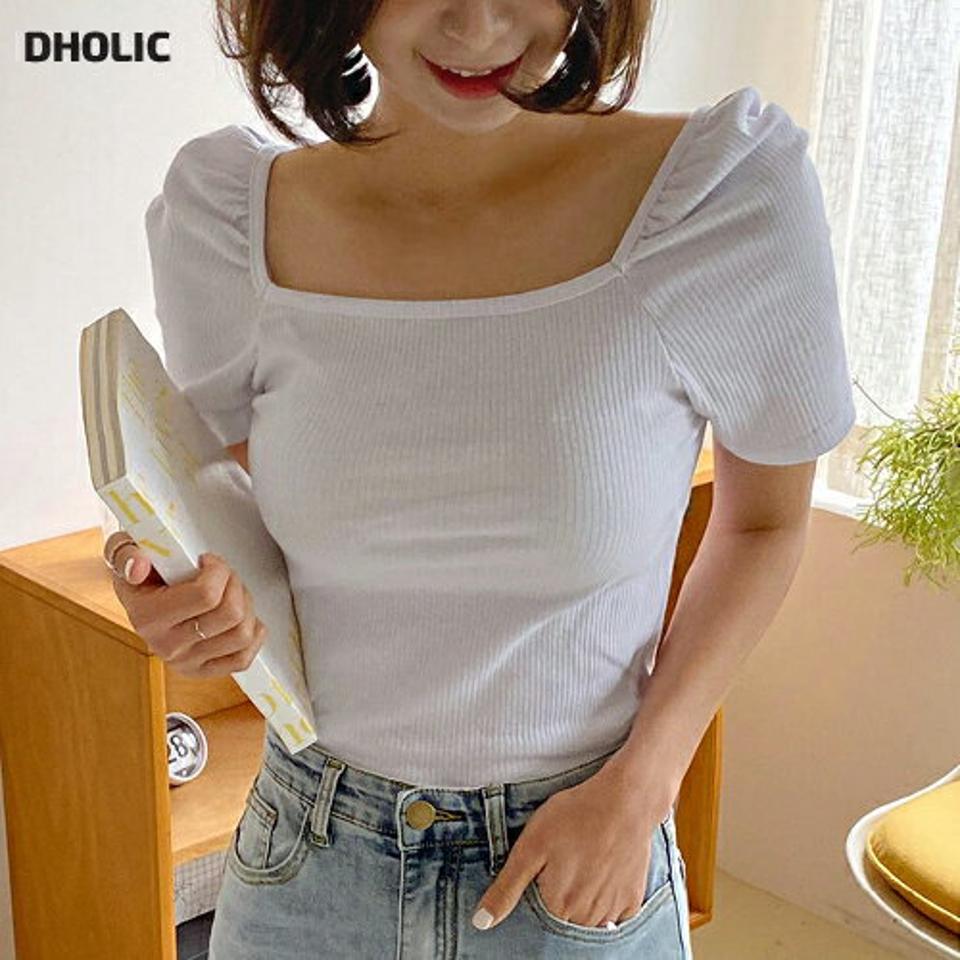 スクエアパフ半袖リブTシャツ・全5色・t66932 レディース 【tops】韓国ファッション トップス Tシャツ 大人 半袖 スクエアネック パフスリーブ スリム クロップド丈 かわいい 可愛い シンプル フェミニン カジュアル デイリー 夏 春 秋