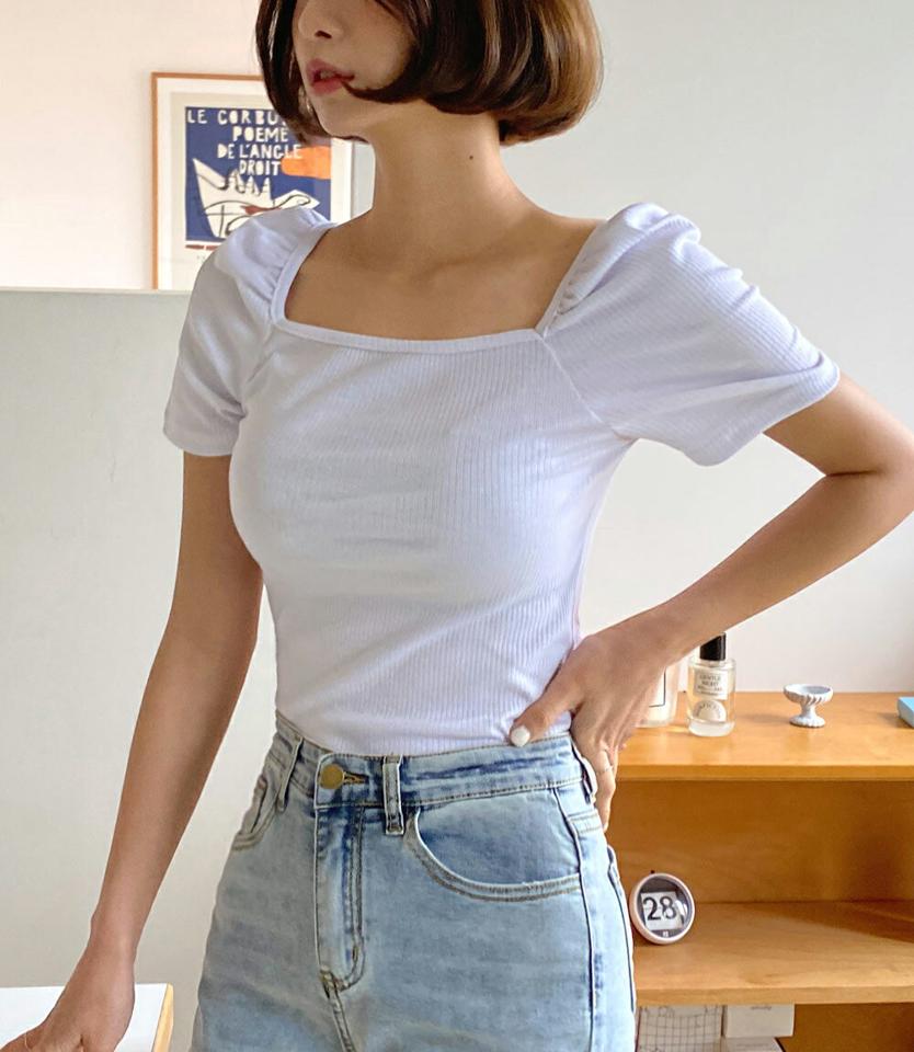 スクエアパフ半袖リブTシャツ・全5色・t66932 レディース 【tops】韓国ファッション トップス Tシャツ 大人 半袖 スクエアネック パフスリーブ スリム クロップド丈 かわいい 可愛い シンプル フェミニン カジュアル デイリー 夏 春 秋