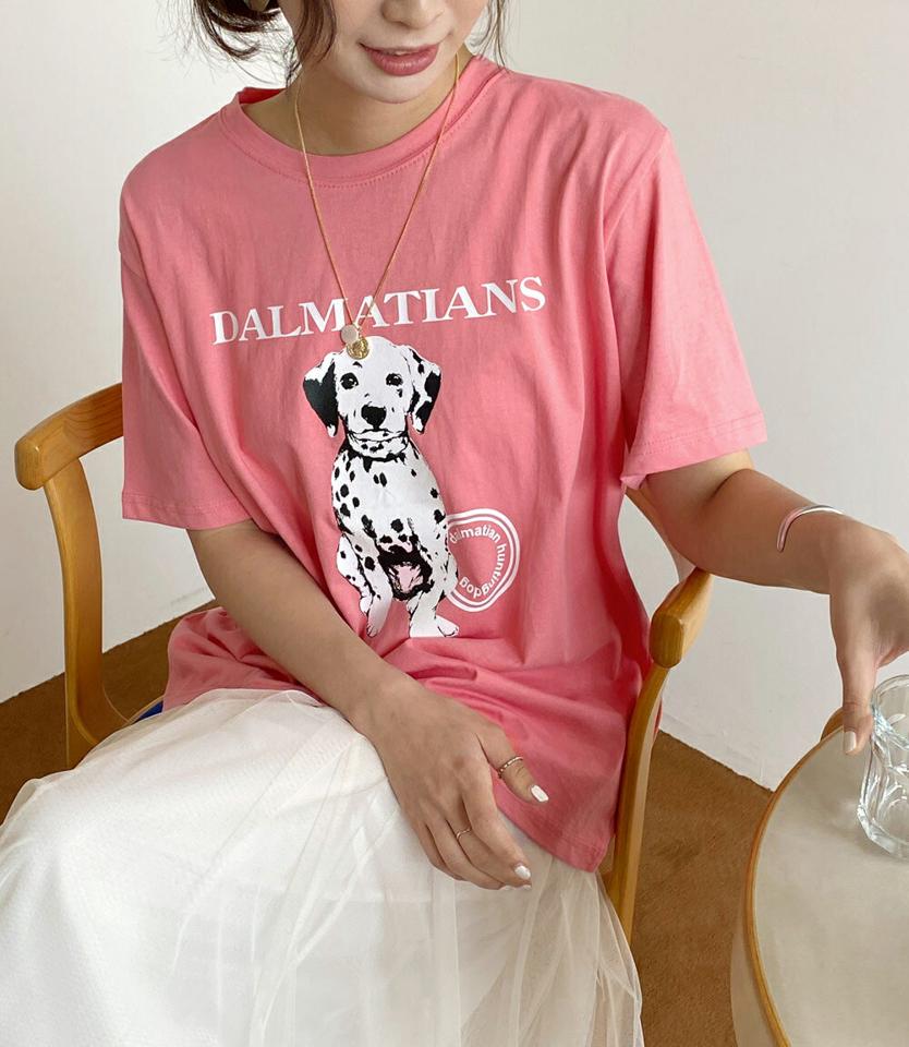 【スーパーセール特価】ダルメシアンレタリング半袖Tシャツ・全3色・b66937 レディース 【tops】韓国ファッション トップス Tシャツ 大人 半袖 ラウンドネック ダルメシアン レタリング ロゴ かわいい 可愛い シンプル フェミニン カジュアル デイリー 夏 春 秋