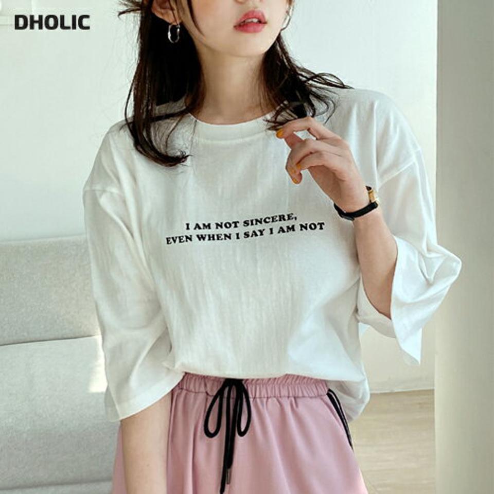 ミニレタリングTシャツ・全4色・t00373 レディース 【tops】韓国ファッション トップス Tシャツ 大人 7分袖 ラウンドネック レタリング 英字 ロゴ ルーズ シンプル フェミニン カジュアル デイリー 夏 春 秋