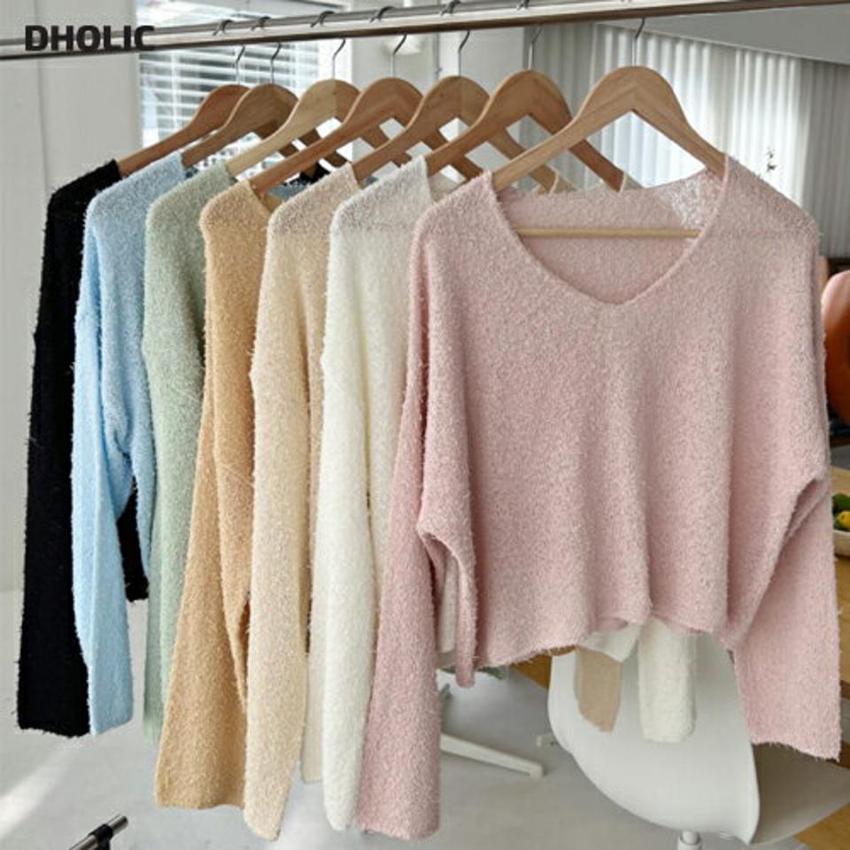 テクスチャーVネックニット・全7色・t00410 レディース 【tops】韓国ファッション トップス ニット 大人 長袖 Vネック テクスチャー クロップド丈 パステルカラー シンプル フェミニン カジュアル カラーニット ピンク 黄色 黄緑 水色 春 秋