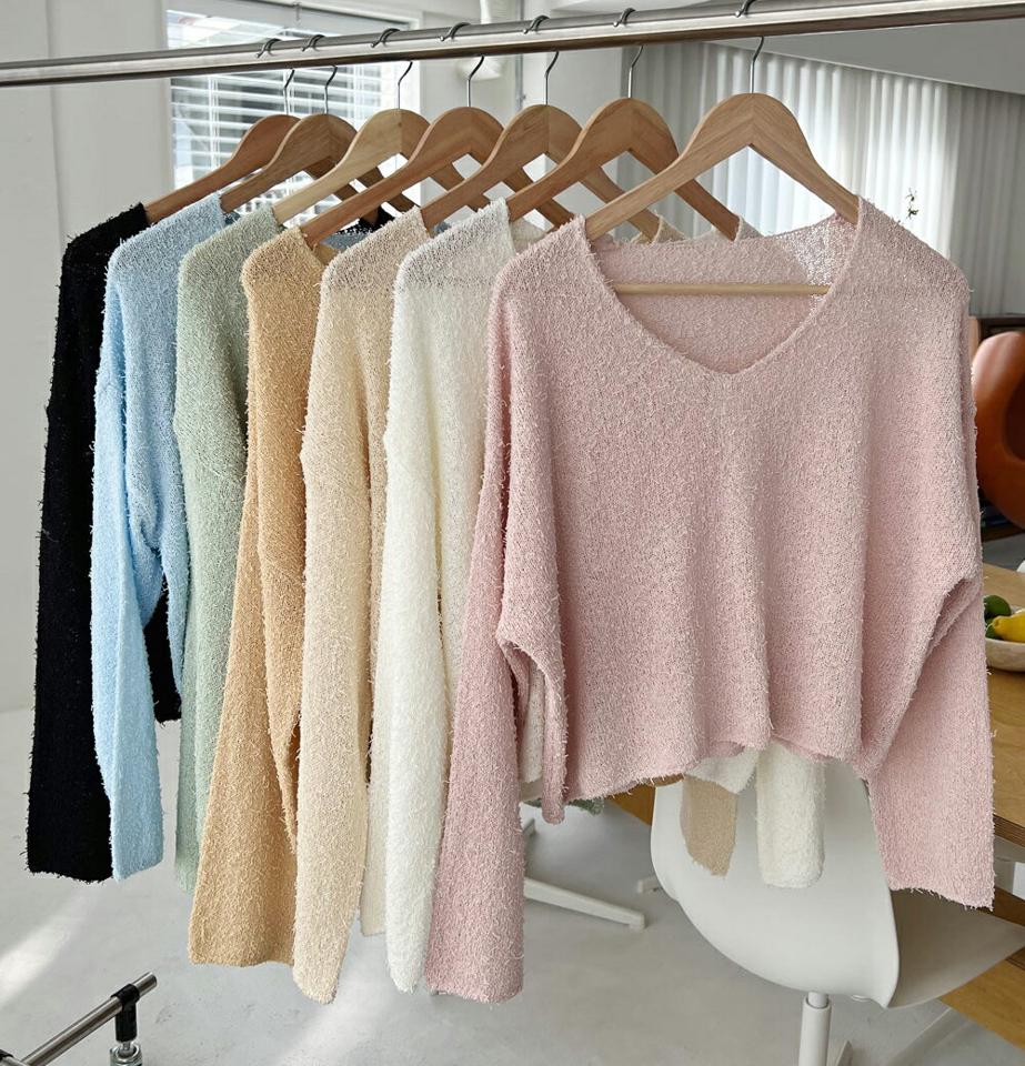 テクスチャーVネックニット・全7色・t00410 レディース 【tops】韓国ファッション トップス ニット 大人 長袖 Vネック テクスチャー クロップド丈 パステルカラー シンプル フェミニン カジュアル カラーニット ピンク 黄色 黄緑 水色 春 秋