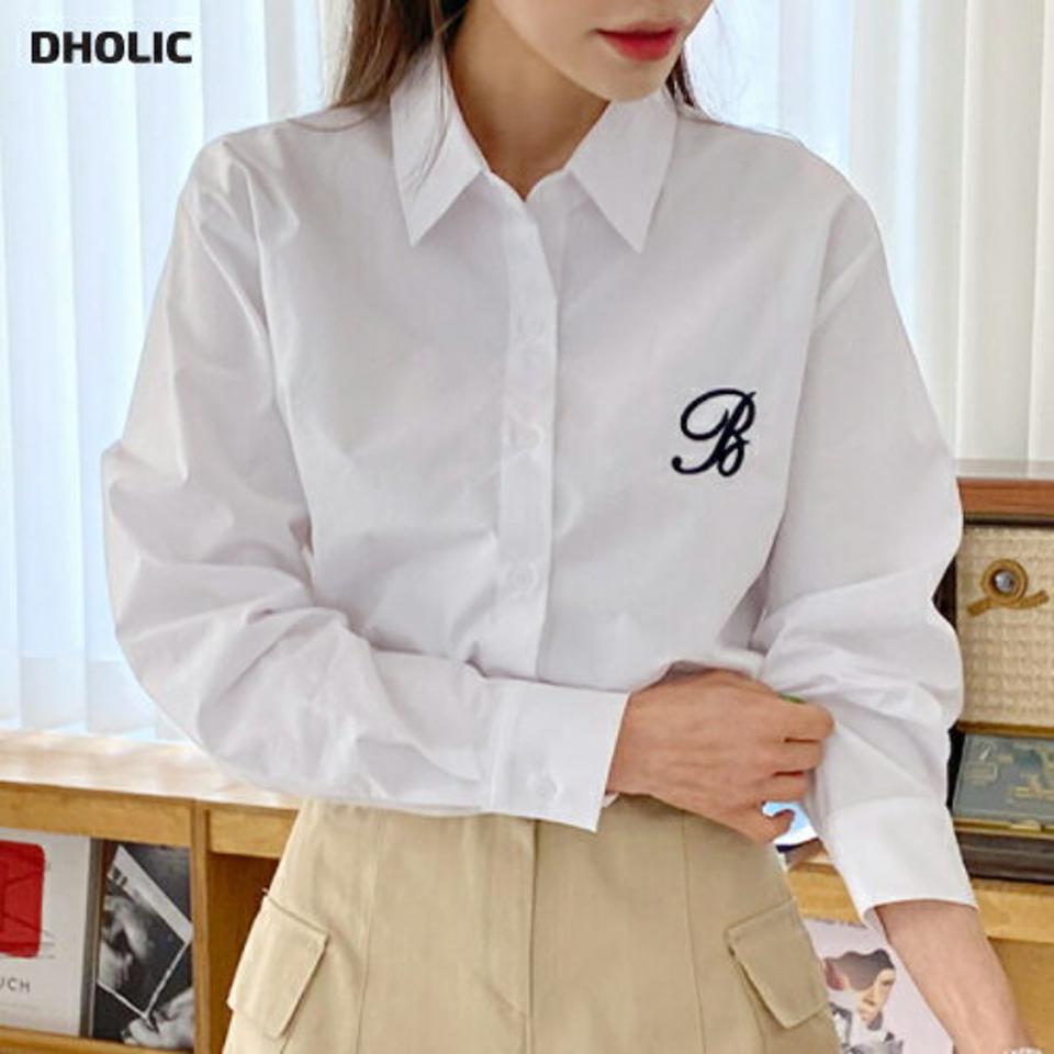 2TYPEアルファベット刺繍シャツ・全6色・b00406 レディース 【bl】韓国ファッション トップス シャツ 長袖 カラーネック 刺繍 カフス ボタン ラウンドカット タック 無地 ストライプ シンプル カジュアル フェミニン 春 秋