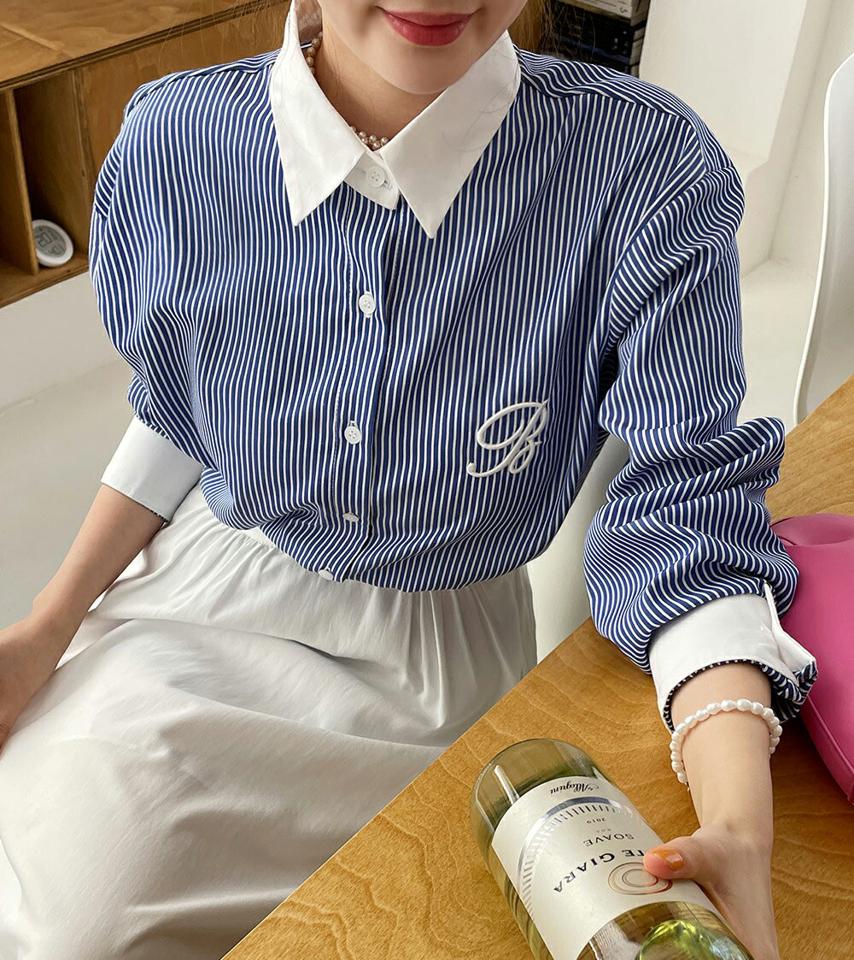 2TYPEアルファベット刺繍シャツ・全6色・b00406 レディース 【bl】韓国ファッション トップス シャツ 長袖 カラーネック 刺繍 カフス ボタン ラウンドカット タック 無地 ストライプ シンプル カジュアル フェミニン 春 秋