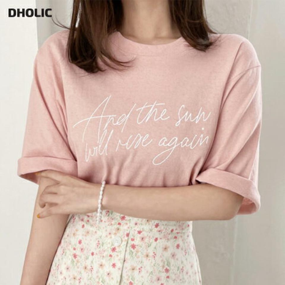 レタリングサイドスリットTシャツ・全3色・t00411 レディース 【tops】韓国ファッション トップス Tシャツ 大人 半袖 ラウンドネック ルーズ レタリング スリット コットン シンプル ピンク フェミニン カジュアル 夏 春 秋