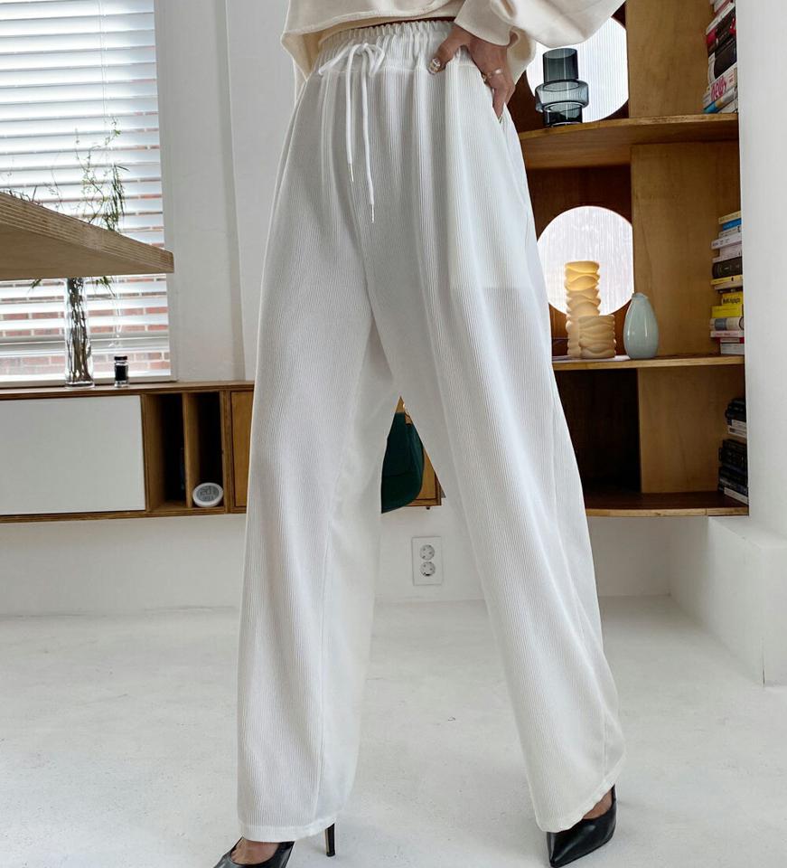 リブワイドパンツ・全4色・t00419 レディース 【pt】韓国ファッション ボトムス ロング ロングパンツ リブ ワイドパンツ ストレート ウエストゴム ストリング 無地 シンプル 体型カバー フェミニン カジュアル 春 秋