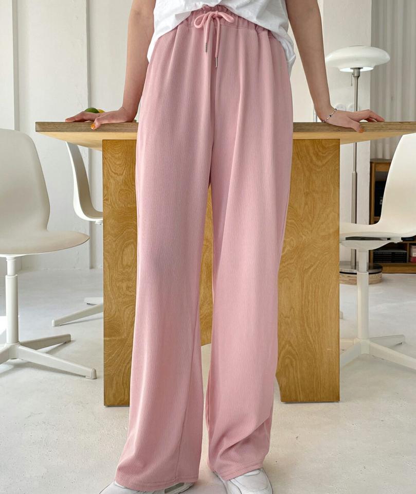 リブワイドパンツ・全4色・t00419 レディース 【pt】韓国ファッション ボトムス ロング ロングパンツ リブ ワイドパンツ ストレート ウエストゴム ストリング 無地 シンプル 体型カバー フェミニン カジュアル 春 秋