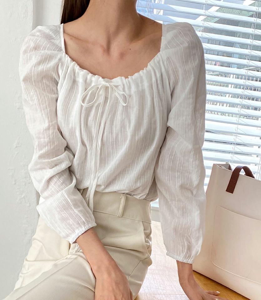スクエアストリングネックブラウス・全3色・t00409 レディース 【bl】韓国ファッション トップス ブラウス 半袖 スクエアネック ストリング パフスリーブ ギャザー かわいい 可愛い シンプル カジュアル フェミニン 夏 春 秋