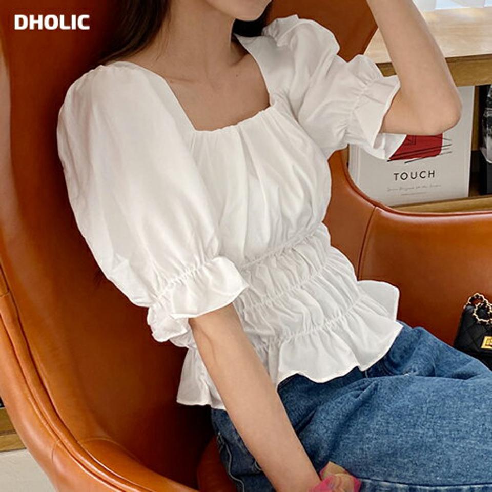 スクエアシャーリングブラウス・全3色・t00436 レディース 【bl】韓国ファッション トップス ブラウス 半袖 スクエアネック シャーリング クロップド丈 パフスリーブ かわいい 可愛い シンプル カジュアル フェミニン 夏 春 秋