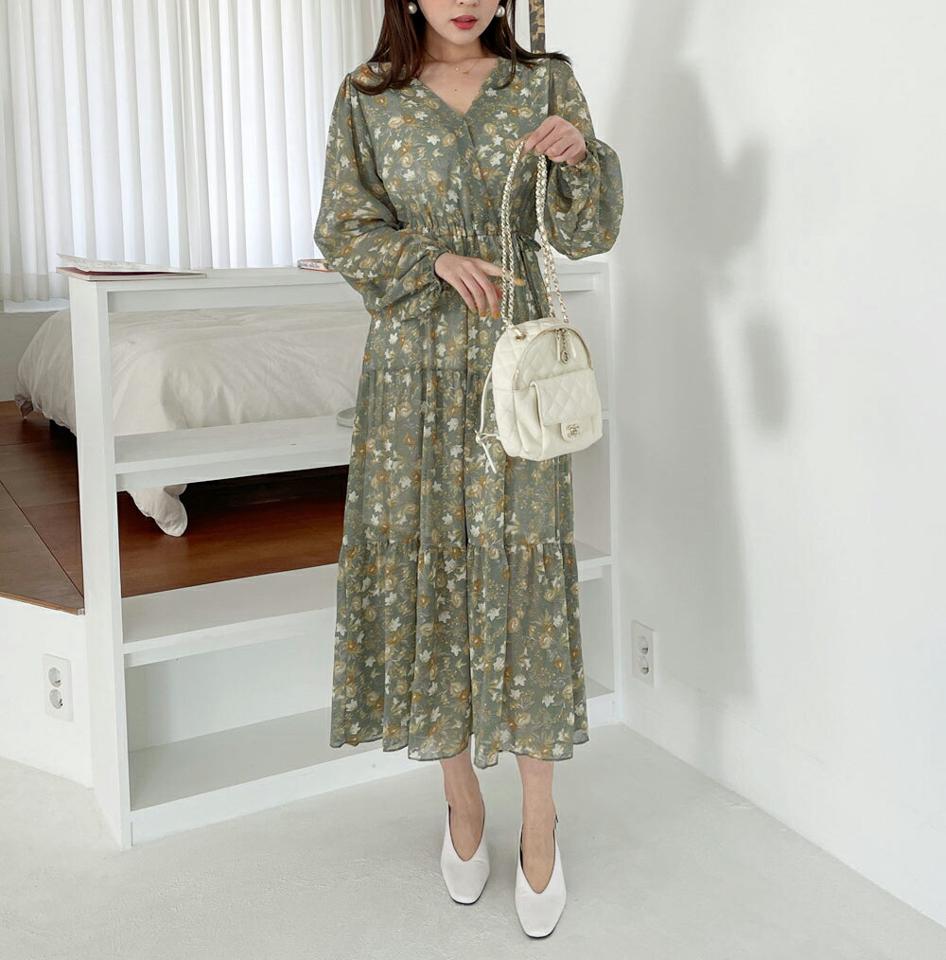 フローラルストリングワンピース・全2色・b00403 レディース 【ops】韓国ファッション ワンピース ロング ロングワンピース 長袖 Vネック 花柄 フラワー フローラル ストリング ロング丈 シンプル フェミニン 春 秋