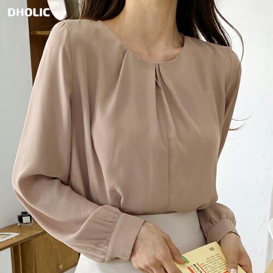 タックラウンドネックブラウス・全3色・t00407 レディース 【bl】韓国ファッション トップス ブラウス 長袖 ラウンドネック タック ギャザー パフスリーブ 無地 シンプル ベーシック カジュアル フェミニン デイリー 春 秋