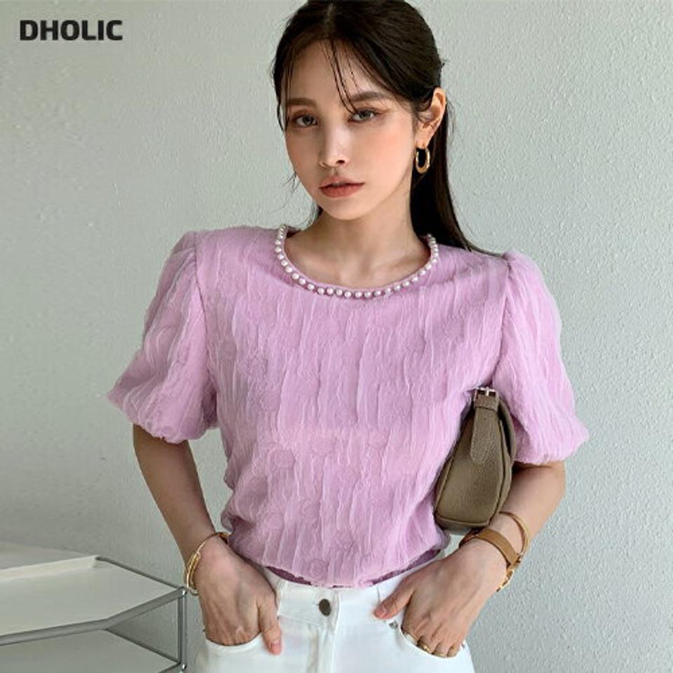 フェイクパールネックリンクルブラウス・全3色・b72026 レディース 【bl】トップス ブラウス 半袖 ハーフスリーブ シンプル パール きれいめ 襟コン 大人 パフ袖 パフスリーブ ピンク 春 夏 韓国ファッション ハイホリHIHOLLI