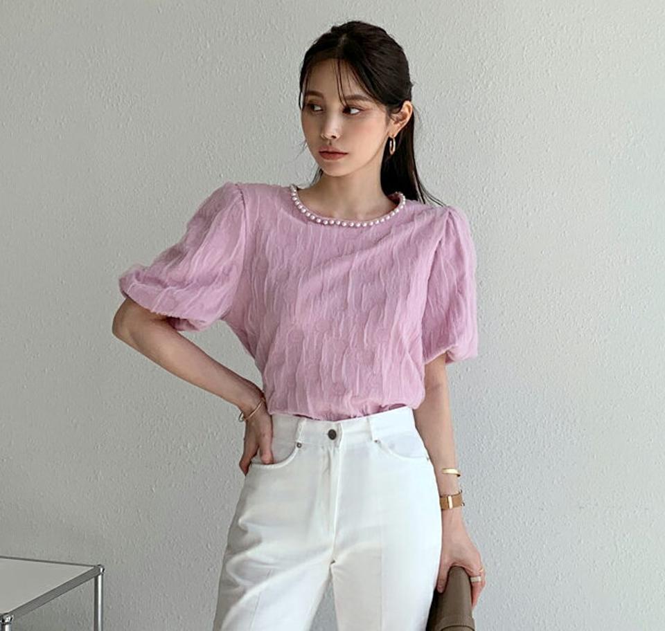 フェイクパールネックリンクルブラウス・全3色・b72026 レディース 【bl】トップス ブラウス 半袖 ハーフスリーブ シンプル パール きれいめ 襟コン 大人 パフ袖 パフスリーブ ピンク 春 夏 韓国ファッション ハイホリHIHOLLI