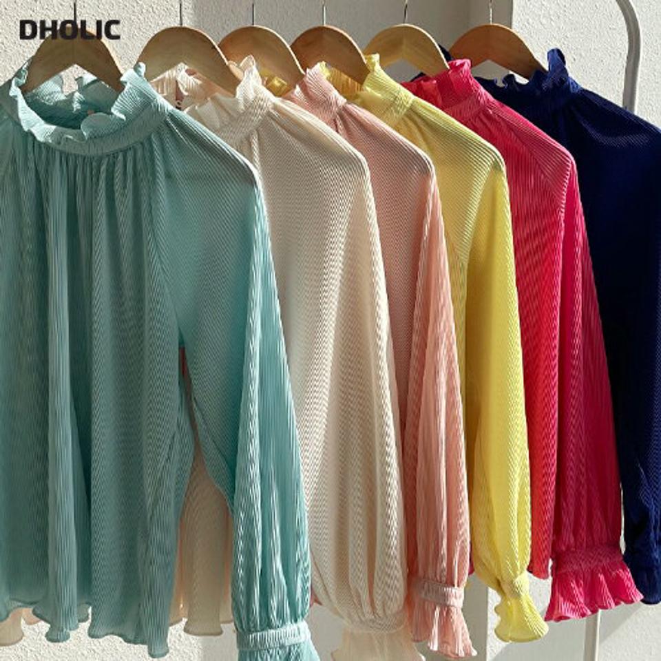 フリルハイネックプリーツブラウス・全7色・b72028 レディース 【bl】トップス ブラウス 長袖 プリーツ ハイネック フリル パステル カラーアイテム フェミニン 単色 シンプル ギャザー オフィスカジュアル 春 秋 韓国ファッション ハイホリHIHOLLI