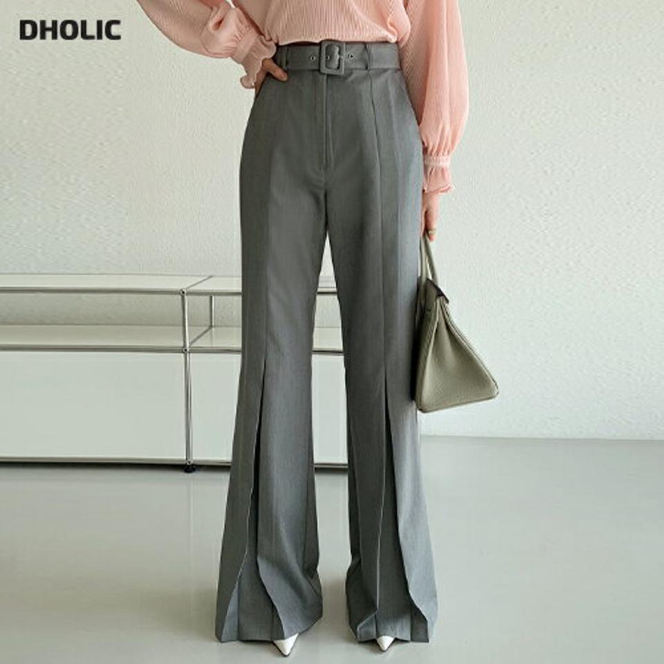 ベルト付フレアスリットスラックス・全2色・t72086 レディース 【pt】スラックス パンツ ズボン ロングパンツ フレア 単色 無地 シンプル 大人 きれいめ ユニーク スタイルアップ ハイウエスト 春 秋 韓国ファッション ハイホリHIHOLLI