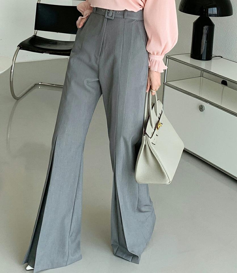 ベルト付フレアスリットスラックス・全2色・t72086 レディース 【pt】スラックス パンツ ズボン ロングパンツ フレア 単色 無地 シンプル 大人 きれいめ ユニーク スタイルアップ ハイウエスト 春 秋 韓国ファッション ハイホリHIHOLLI