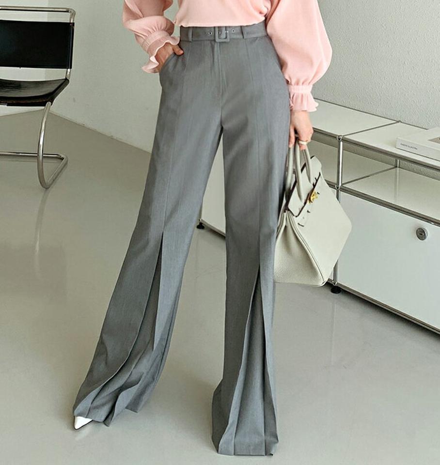 ベルト付フレアスリットスラックス・全2色・t72086 レディース 【pt】スラックス パンツ ズボン ロングパンツ フレア 単色 無地 シンプル 大人 きれいめ ユニーク スタイルアップ ハイウエスト 春 秋 韓国ファッション ハイホリHIHOLLI