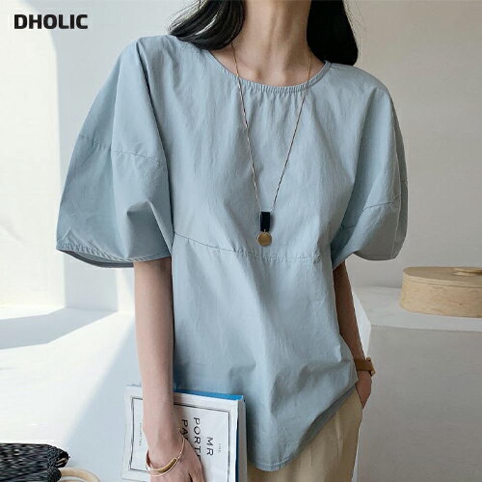 バルーンスリーブブラウス・全3色・b72027 レディース 【bl】トップス ブラウス 半袖 ハーフスリーブ 袖コン 単色 無地 シンプル ラウンドネック 水色 コットン 二の腕カバー 体型カバー　春 夏 韓国ファッション ハイホリHIHOLLI