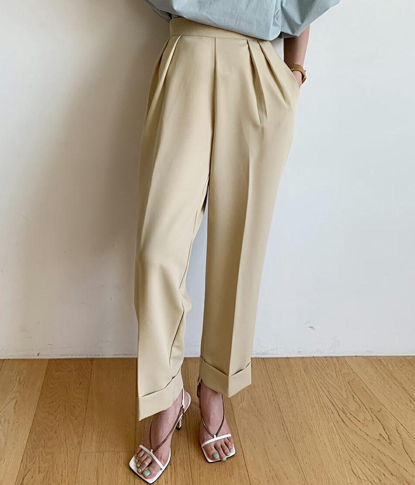 ツータックロールアップスラックス・全3色・t72056 レディース 【pt】スラックス パンツ ズボン ロングパンツ 単色 無地 シンプル ベーシック 大人 カジュアル ハイウエスト 春 夏 秋 韓国ファッション ハイホリHIHOLLI