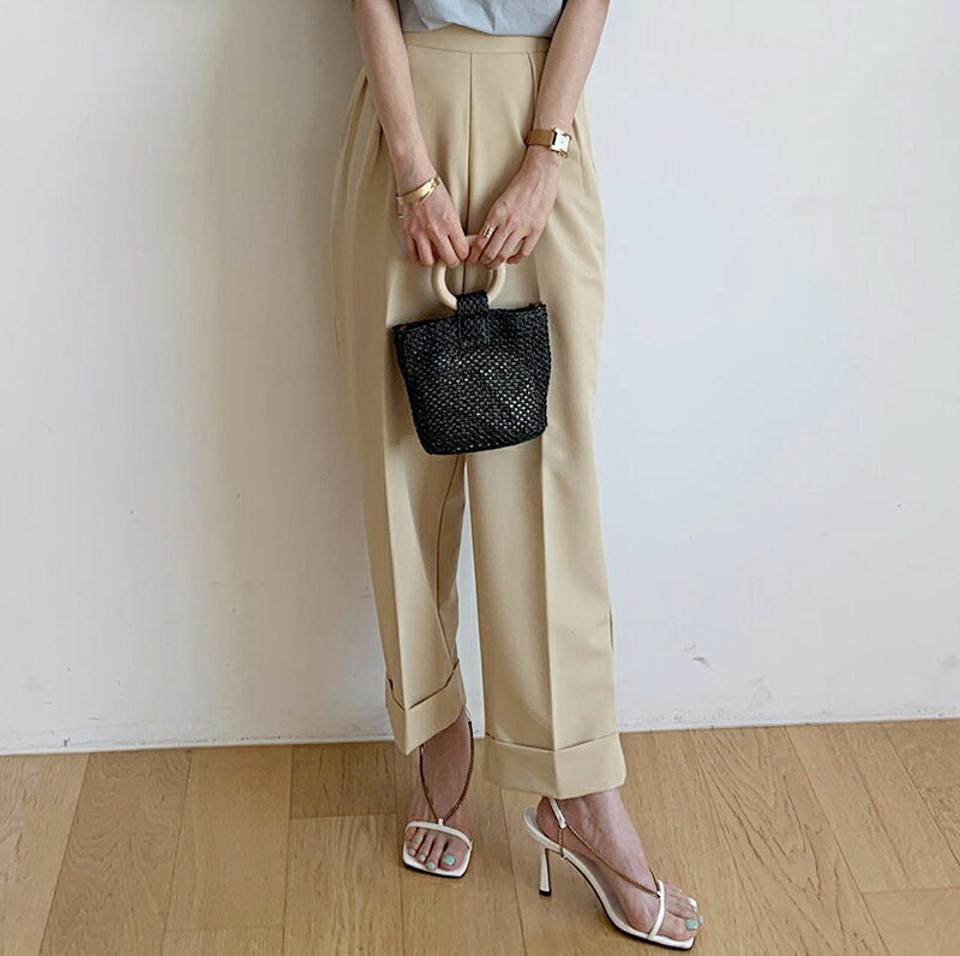 ツータックロールアップスラックス・全3色・t72056 レディース 【pt】スラックス パンツ ズボン ロングパンツ 単色 無地 シンプル ベーシック 大人 カジュアル ハイウエスト 春 夏 秋 韓国ファッション ハイホリHIHOLLI