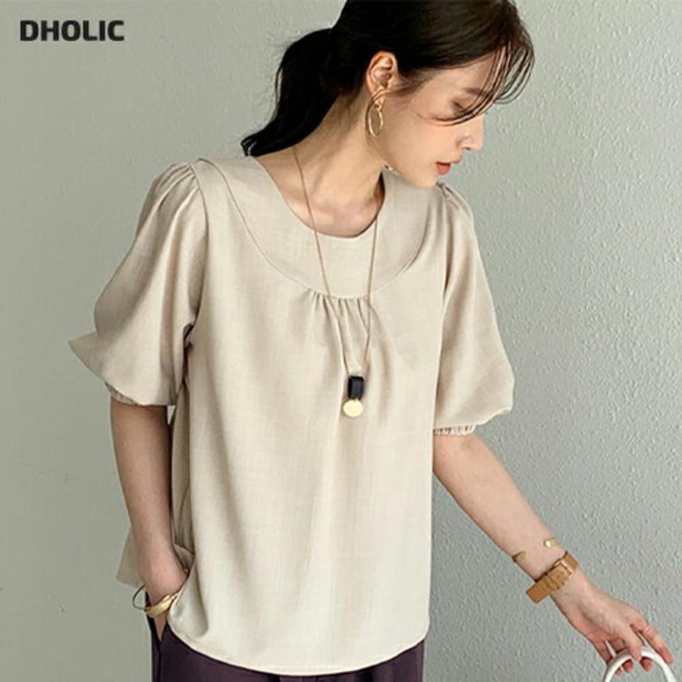 ゴールドボタンラウンドブラウス・全3色・b72049 レディース 【bl】トップス ブラウス 半袖 ゴールドボタン ギャザー シンプル 大人 パフ袖 パフスリーブ ナチュラル 春 夏 韓国ファッション ハイホリHIHOLLI