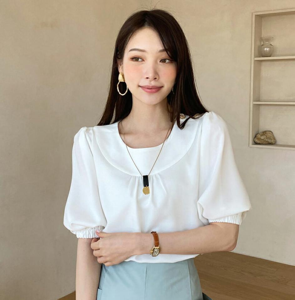 ゴールドボタンラウンドブラウス・全3色・b72049 レディース 【bl】トップス ブラウス 半袖 ゴールドボタン ギャザー シンプル 大人 パフ袖 パフスリーブ ナチュラル 春 夏 韓国ファッション ハイホリHIHOLLI