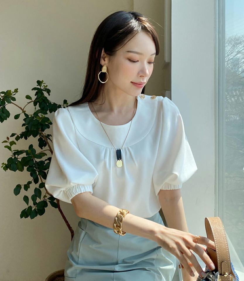 ゴールドボタンラウンドブラウス・全3色・b72049 レディース 【bl】トップス ブラウス 半袖 ゴールドボタン ギャザー シンプル 大人 パフ袖 パフスリーブ ナチュラル 春 夏 韓国ファッション ハイホリHIHOLLI
