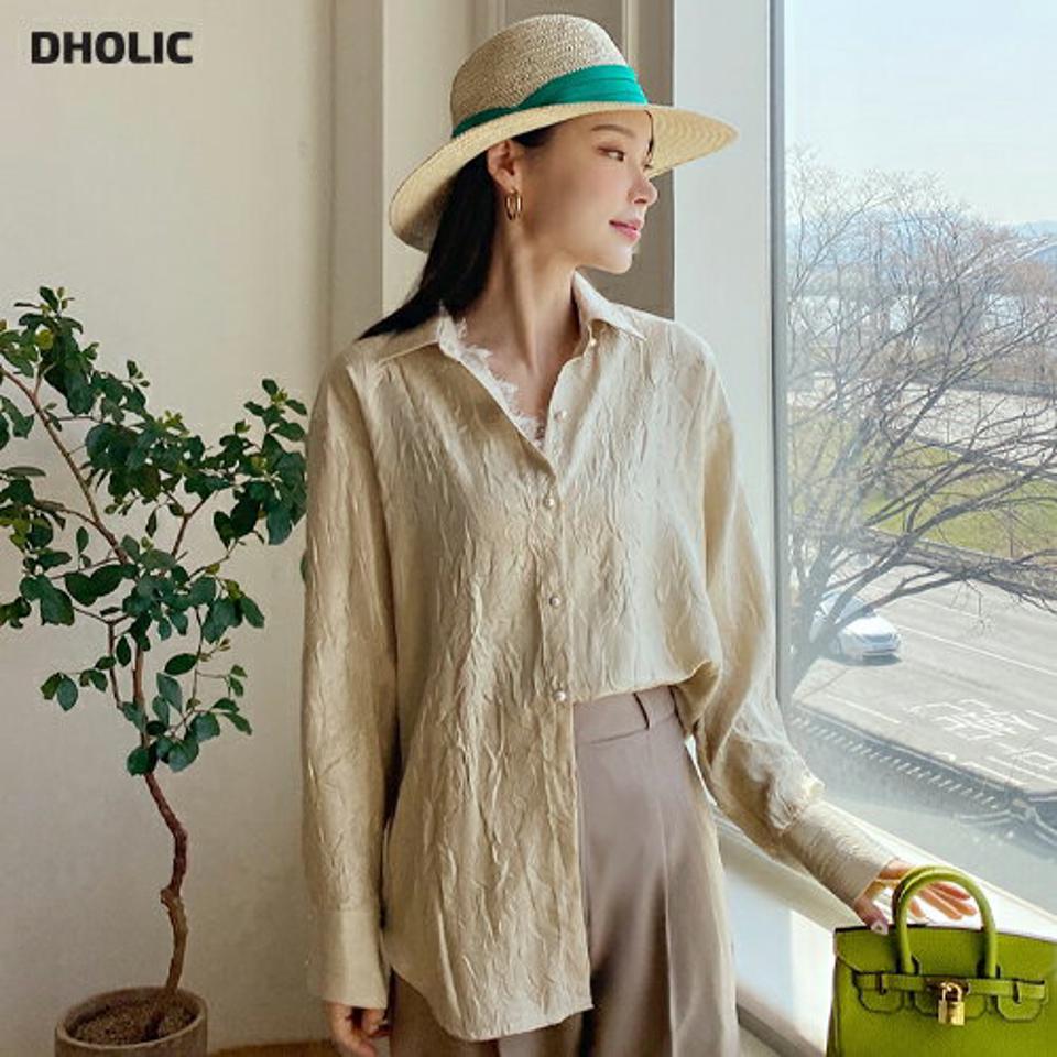 パール調ボタンリンクルシャツ・全4色・t72048 レディース 【bl】トップス シャツ リンクル パールボタン 長袖 シワ加工 単色 上品 光沢 サテン フェミニン 春 秋 韓国ファッション ハイホリHIHOLLI