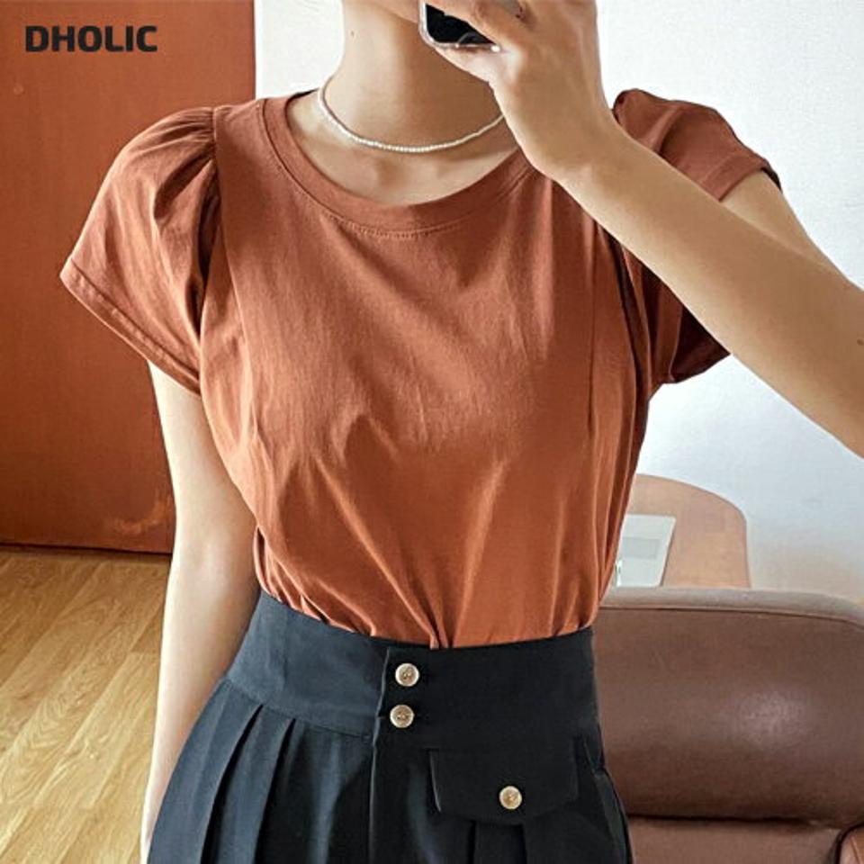 ≪人気商品再入荷≫ ギャザースリーブTシャツ・全7色・b66480 レディース 【tops】韓国ファッション トップス Tシャツ 大人 半袖 ラウンドネック ギャザースリーブ スリット 綿 コットン 無地 シンプル フェミニン カジュアル 二の腕カバー 夏 春 秋