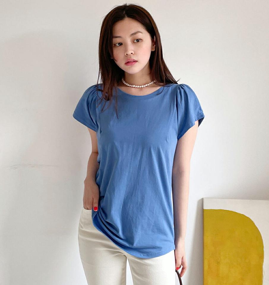 ≪人気商品再入荷≫ ギャザースリーブTシャツ・全7色・b66480 レディース 【tops】韓国ファッション トップス Tシャツ 大人 半袖 ラウンドネック ギャザースリーブ スリット 綿 コットン 無地 シンプル フェミニン カジュアル 二の腕カバー 夏 春 秋