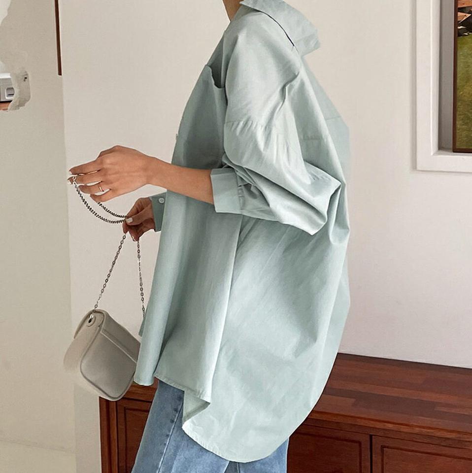 【タイム特価】オーバーフィットシャツ・全6色・t66487 レディース 【bl】韓国ファッション トップス シャツ 長袖 カラーネック カフスボタン スリット オーバーフィット ルーズ 無地 シンプル カジュアル フェミニン 春 秋【TS】セール