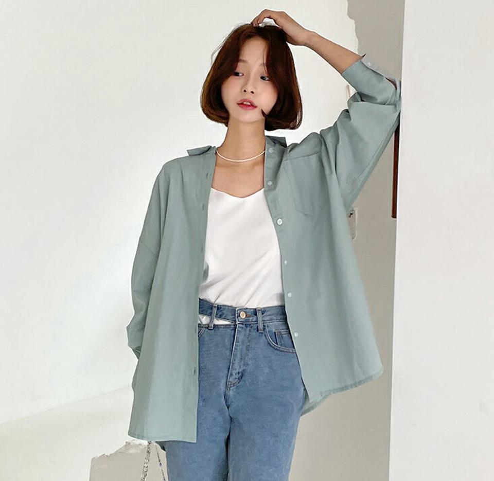 【タイム特価】オーバーフィットシャツ・全6色・t66487 レディース 【bl】韓国ファッション トップス シャツ 長袖 カラーネック カフスボタン スリット オーバーフィット ルーズ 無地 シンプル カジュアル フェミニン 春 秋【TS】セール